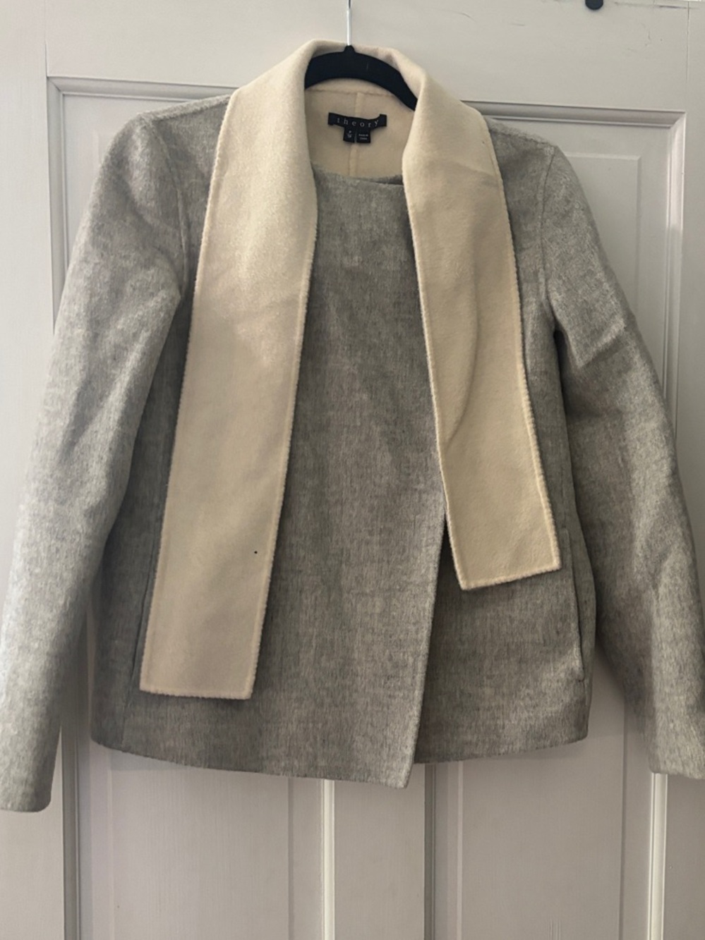 Theory Gray Jacket with Cream Scarf Collar